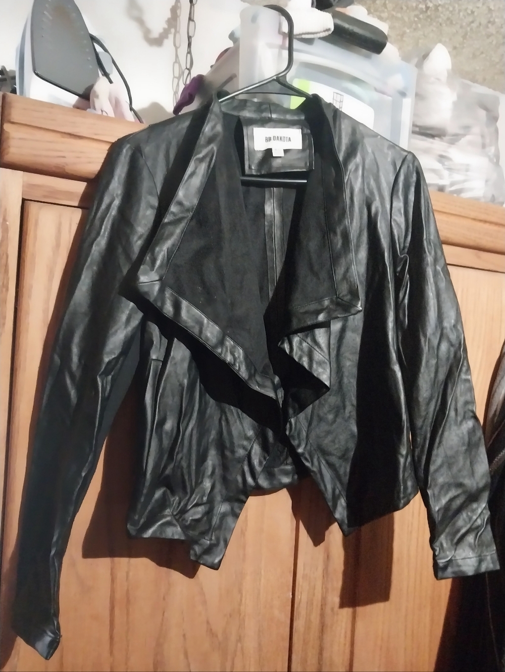 Women's Black Draped Leather Jacket - Picture 2 of 2